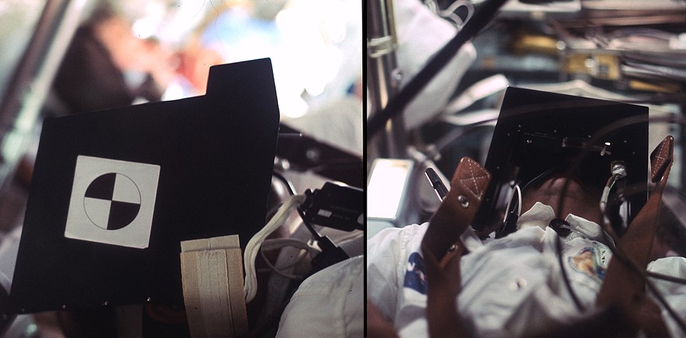 Astronaut Ron Evans wearing the ALFMED light flash detector during Apollo 17.