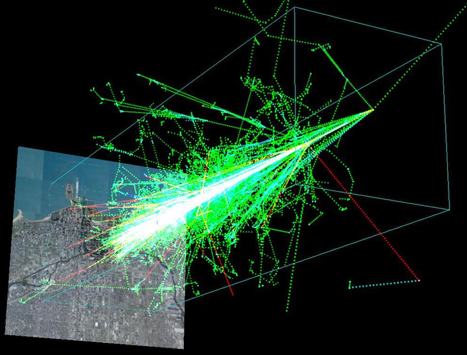 Simulated cosmic ray air shower from a 1 TeV proton hitting the atmosphere 20 km above the Earth.